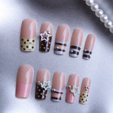 Daiiibabyyy  24pcs Y2K Sweet Stars Press On Nails Blue Brown Stripes French Style False Nails Wave Point Designs Autumn Vintage Fake Nail