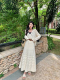 DAIIIBABYYY  -  Knitted Two Piece Sets Women's 2pc Crochet Hollow Out Fashion Long Sleeve V Neck Shirt Cardigan&High Waist A Line Skirt Suits