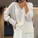 DAIIIBABYYY  -  Female V-neck Single Breasted Cardigan New Autumn Sequined Long Sleeved Loose Sweater Elegant Solid Color Commuting Sweater Coat