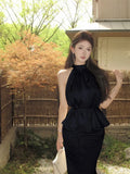 Daiiibabyyy  French Style Satin Halter Cami Top Women Summer High Waist Mermaid Skirt Set Sleeveless Elegant Two Piece Outfit high quality