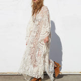 Daiiibabyyy  Elegant Flower Embroidery Hollow Beach Dress Sexy V-neck Batwing Sleeve Solid Long Dress Lady Fashion Loose Sun Protection Dress