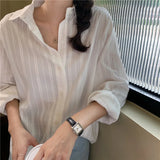 DAIIIBABYYY  -  Temperament Collar Shirt Women's Single Breasted Simple and Versatile Dark Striped Long Sleeved Shirt
