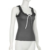 DAIIIBABYYY  -  Women's New Summer Pullovers Square Collar Bow Plaid Spliced Floral Fashion Sweet Fresh Slim Sleeveless Vests Comfortable Tops