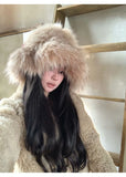 Daiiibabyyy  Winter Oversize Luxury Fluffy Raccoon Fur Bucket Hats for Women Retro Plush Warm Fisherman Hat Wide Brim Thickened Panama Cap