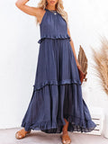 Daiiibabyyy Solid Casual Long Dress Women Summer Female Ruffle Pullover Beach Dresses Ladies Elegant Sleeveless Hollow Tie-Up Party Dress