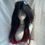 DAIIIBABYYY  -  Black Red Highlight Princess Cut Long Straight Wig Women's Highlight Gothic Simulation Wig Full Headset Fiber Glass Lace Wig
