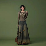 DAIIIBABYYY  -  Waste Land Style Dye Butterfly V-Neck Long Sleeve t-shirt Tie Slim Peplum Bottom Shirt Tops Americana