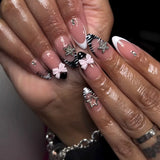 Daiiibabyyy  24pcs Y2k Almond Fake Nails Colorful Stripes French Style False Nail Metal Star Pearl Decor Press On Nails Spicy Girl Manicure