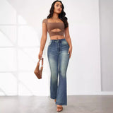 Daiiibabyyy Retro Blue Elastic Jeans Women's High Waist Flare Pants Denim Wide Leg Fashion Slim Fit Denim Flare Pants