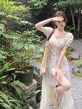 DAIIIBABYYY  -  Women's Square Neck Flower White Short Sleeved Dress French New Style Summer Elegance Sexy Long Vestidos Waist Fairy Dresses