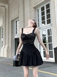 DAIIIBABYYY  -  Black Sequin Camisole Dress Women Summer Short Stature Waist Cinching Temperament Ballet Style A-line Fluffy Short
