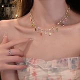 Daiiibabyyy  Romantic Colorful Rhinestones Tassel Necklaces for Women Bohemian Simple Zircon Heart Necklaces Y2K Friendship Jewelry Gifts