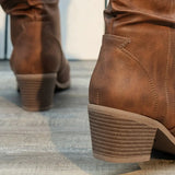 Daiiibabyyy  Europe America Fashion Round Head Thick Sole Western Boots For Women Leather High Top Pleated Casual Daily Footwear