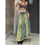 DAIIIBABYYY  -  Y2K Print Denim Midi Skirt Women Vintage Beading Raw Edge Wrap Jeans Skirts Summer Gyaru Harajuku High Waist Design Faldas