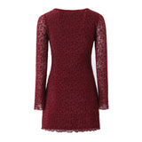 Daiiibabyyy  Sexy Wine red Flocking Flower Mesh Flare Sleeve Dress Woman Bow Square neck Package Hips A-line Mini Party Robe Bodycon