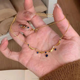 Daiiibabyyy  Delicate Blue Water Drop Zircon Necklace for Women Vintage Metal Wave Splicing Necklace Rings Wedding Party Jewelry Gifts