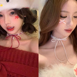 Daiiibabyyy  Vintage White Lace Collar Choker Red Bowknot Pearl Pendant Necklace For Women Girl Y2K Party Aesthetic Charm Accessories Jewelry