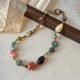 Daiiibabyyy  Colored Harajuku Beaded Star Necklace Chinese Style Ethnic Handmade Jewelry Clavicle Chain for Girl Punk Sweet Jewelry Party