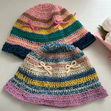 Daiiibabyyy  -  Spring Summer Hand Hook Cotton Knitted Bow Striped Bucket Hat Contrasting Color Women Sweet Cute Knitted Sun Basin Hat