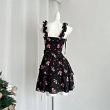 Daiiibabyyy Women Black Gothic A-line Dress Vintage Elegant Sleeveless Off Shoulder Flower Dresses Y2k One Piece Frocks Summer Clothes 2024