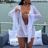 Daiiibabyyy  Mesh Sheer Sexy Open Back Swinging Neck Draped Folds High Waisted Big Swing Long-sleeve Mini Dress For Women Beach Clubwear