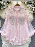 Daiiibabyyy   Embroidered Beaded Lantern Sve irt Women's Summer Thin Loose Outerwear Long Sve Top Korean Sle Commute