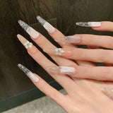 Daiiibabyyy  10pcs Handmade Press On Nails Ice Transparent Glass Sensation Cat Eye False Nails White Flower Flash Powder Long Almond Manicure