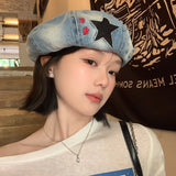 Daiiibabyyy  Japanese Retro Star Embroidered Denim Berets Cap Y2K Summer and Autumn Casual Versatile Literary Personality Women's Hats