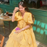 DAIIIBABYYY  -  Prairie Retro Fashion Long Dress Yellow White Summer Puff Sleeve Dream Dating Dress Slim Waist Midi Loose Casual Holiday Dress