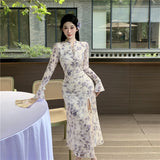 DAIIIBABYYY  -  Autumn Floral Mesh Long Sleeve Chic Bow Collar Long Dress Women Elegant Bodycon Slit Dress 2025 Korean Fashion Party Night Dress