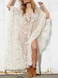 Daiiibabyyy  Elegant Flower Embroidery Hollow Beach Dress Sexy V-neck Batwing Sleeve Solid Long Dress Lady Fashion Loose Sun Protection Dress