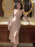 DAIIIBABYYY  -  Sexy Satin Spaghetti Strap Party Dress Elegant Floral Slim Birthday Evening Prom Midi Dress Female High Waist Split Vestidos New
