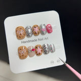 Daiiibabyyy  10PCS Retro Color Short Square Round Handmade Press on Nails with Y2k Star Polka Dots Designs Fake Nails Sweet Cool Cat Eye Nail