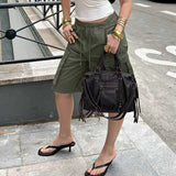 Daiiibabyyy  Women's Summer Shorts Cotton Mid Waist Drawstring Short Pants Olive Green Flap Pocket Casual Shorts Brown Loose Fit Cargo Shorts