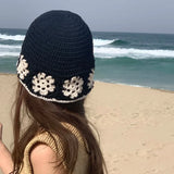 Daiiibabyyy  Crochet Floral Panama Fisherman Bucket Hat Women's Spring Summer Sun Protection Outdoor Travel Breathable Foldable