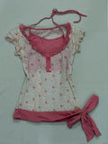 Daiiibabyyy  Vintage Flower Print Neck Strap Fake Two-piece Short-sleeved Top Thin Blouse Women