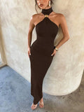 Daiiibabyyy  Women's Black One-Shoulder Choker Neck Bodycon Maxi Dress with Metal Accent