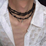 Daiiibabyyy  Punk Y2K Black Crystal Cross Pendant Necklace for Women Vintage Multi Layer Beads Choker Goth 90s EMO Charm Jewelry Gift