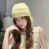Daiiibabyyy  Ins Cute Bow Strap Knitted Beanies Cap Y2K Spring and Autumn Travel Thin Breathable Versatile Casual Sweet Woman's Hats