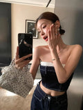 DAIIIBABYYY  -  Pants Set Women's Summer Blue Contrasting Strapless Hot Girl Top High Waist Slimming Denim Pants Two-piece Set Female Clothes