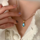 DAIIIBABYYY  -  Stainless Steel Water Drops Blue Crystal Necklace Women's Waterproof No Fading Clavicle Chain Snake Bone Titanium Steel Jewelry