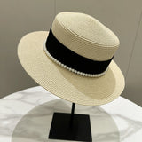 DAIIIBABYYY  -  Summer Elegant Pearl Chain Flat Sun Hats for Women Chapeau Feminino Straw Hat Panama Wide Brim Anti-UV Beach Cap Girl Topee