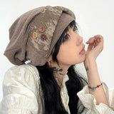 Daiiibabyyy  Japanese Button Design Retro Pullover Stacking Hat Women's Spring and Autumn Versatile Big Head Fashion Skull Beanie Caps