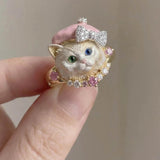 Daiiibabyyy  Cute Simulation Pet Ring Sweet Pink Hat Kitten Dog Ring Fun Animals Lovers Hand Jewelry Accessories for Women Girlfriend Gifts