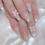 Daiiibabyyy  White Glitter Powder Bowknot Long Pointed Fake Nails Art Ballet False Nail Cow Print Pearl Rhinestone Pink Almond Press on Nails