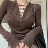 DAIIIBABYYY  -  Sexy V-neck Lacing Long Sleeve Knitting Women Spring Autumn Slim Perspective Solid Color Top Tee Femme Simplicity Pullovers Tops