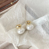 Daiiibabyyy French Elegant Gold Color Bean Spliced Flat Pearl Earrings for Korean Fashion Jewelry Party Women's Sweet Accessories New
