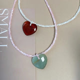 Daiiibabyyy  Minar Wholesale White Opal Natural Stone Red Resin Love Heart Pendant Necklaces for Women Silver Plated Chain Strand Chokers