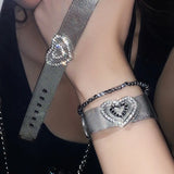 Daiiibabyyy  Y2K Metal Crystal Heart Wide Bracelets for Men Women Punk Silver Color Bracelets Adjustable Wrist Belt Buckle Cuff Bangle Party