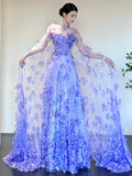 Daiiibabyyy  Luxury Long Dresses for Party Women Lace A-line Homecoming Evening Dress Blue Applique Sequined with Shawl Prom Dress